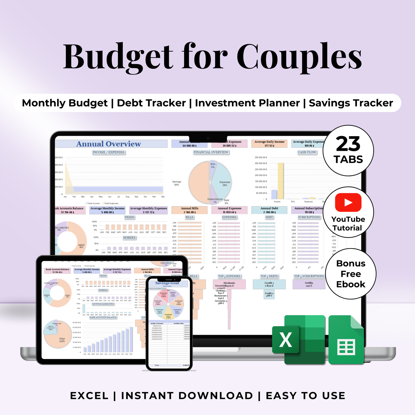 Couple budget shared finances joint planner Excel Google Sheets template expense tracker money management simple easy home household