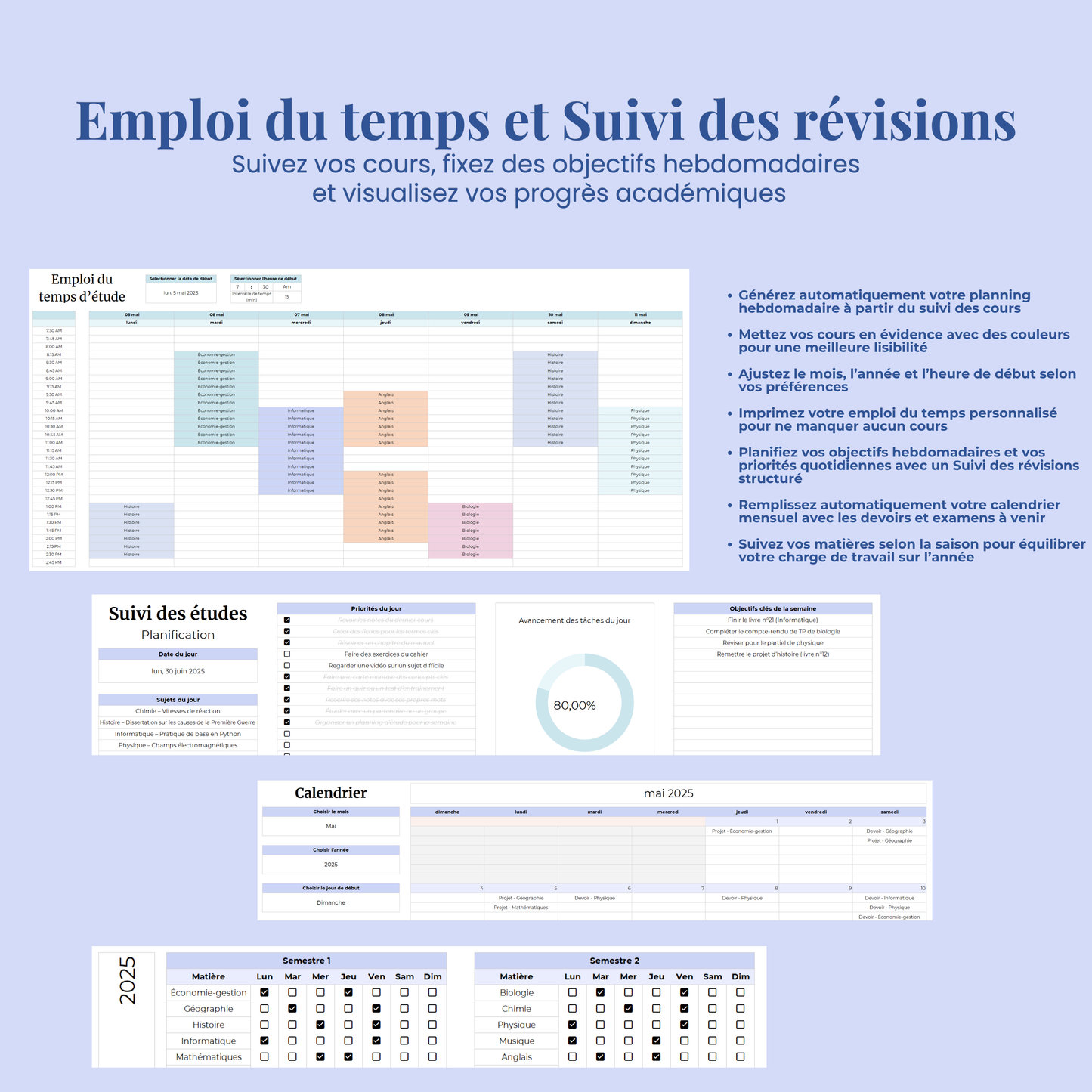 Planner Etudiant en Français Excel Google Sheets Organisateur pour étudiants Suivi devoirs cours révision Fac Modèle Etudes Université Ecole