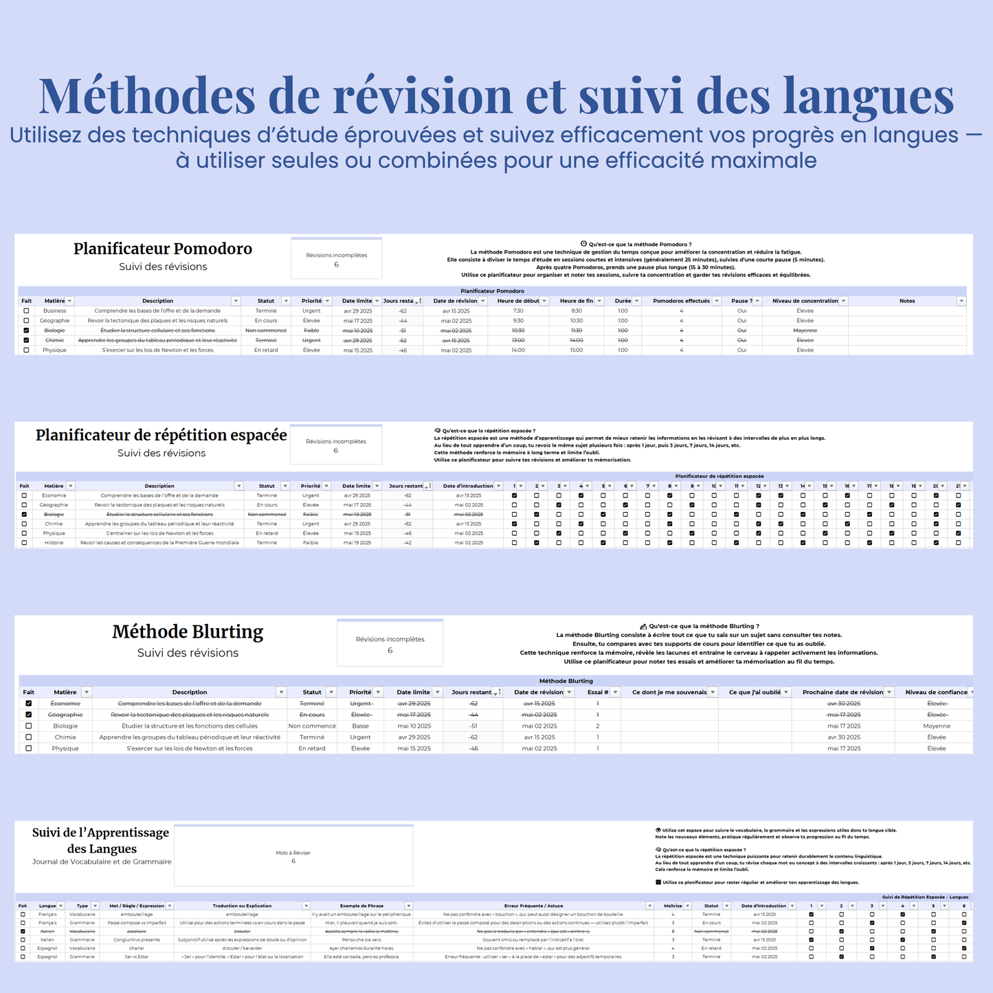 Planner Etudiant en Français Excel Google Sheets Organisateur pour étudiants Suivi devoirs cours révision Fac Modèle Etudes Université Ecole