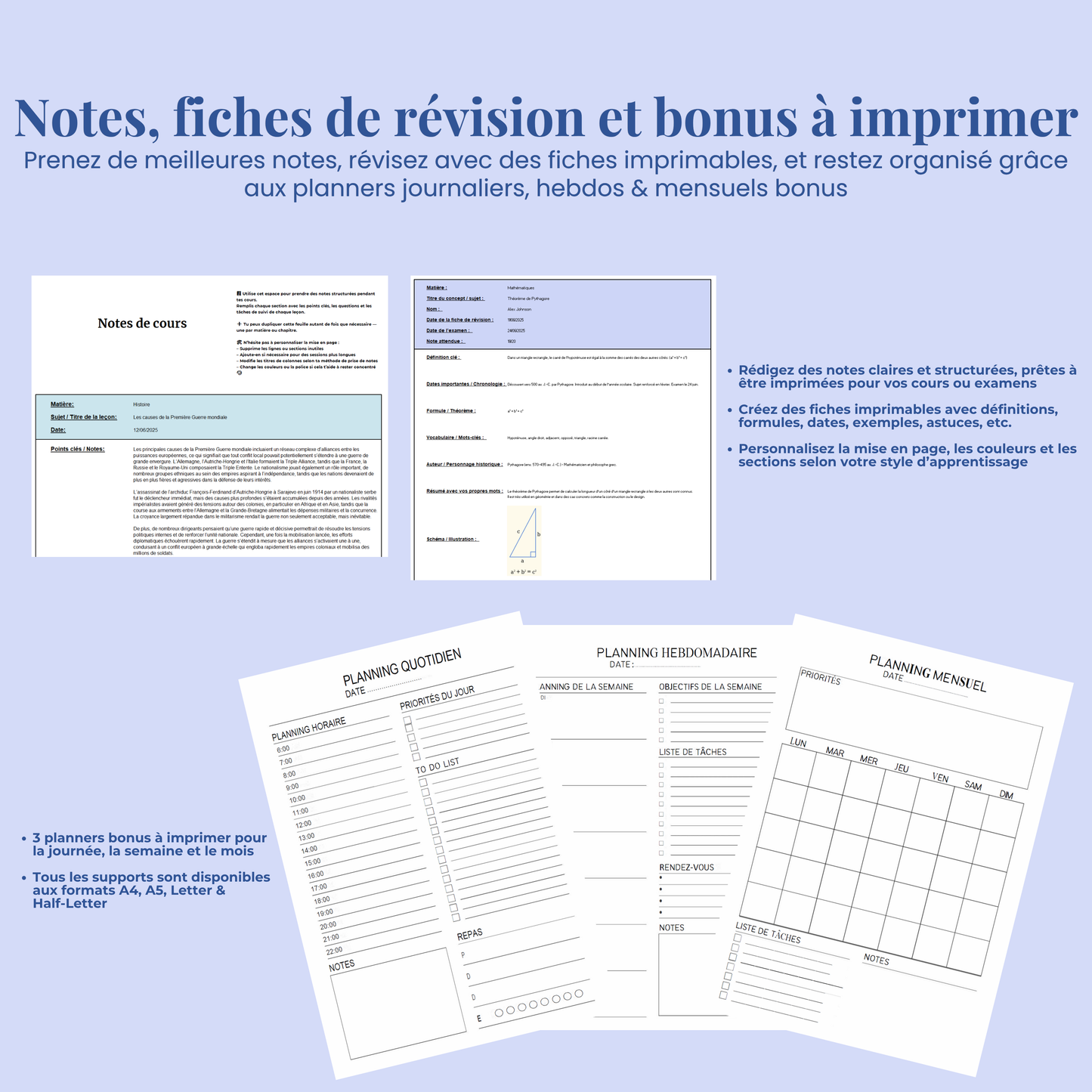 Planner Etudiant en Français Excel Google Sheets Organisateur pour étudiants Suivi devoirs cours révision Fac Modèle Etudes Université Ecole