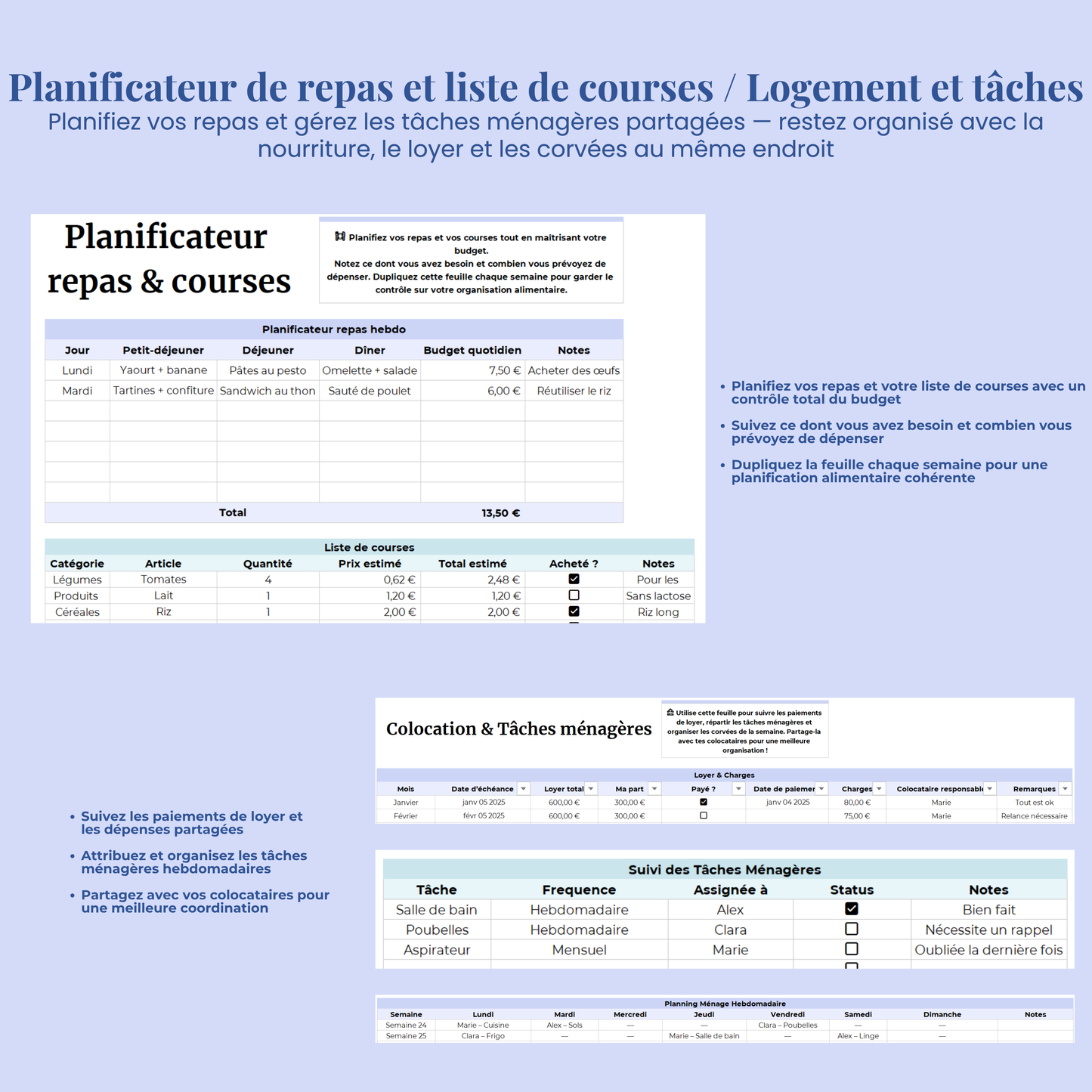 Planner Etudiant en Français Excel Google Sheets Organisateur pour étudiants Suivi devoirs cours révision Fac Modèle Etudes Université Ecole