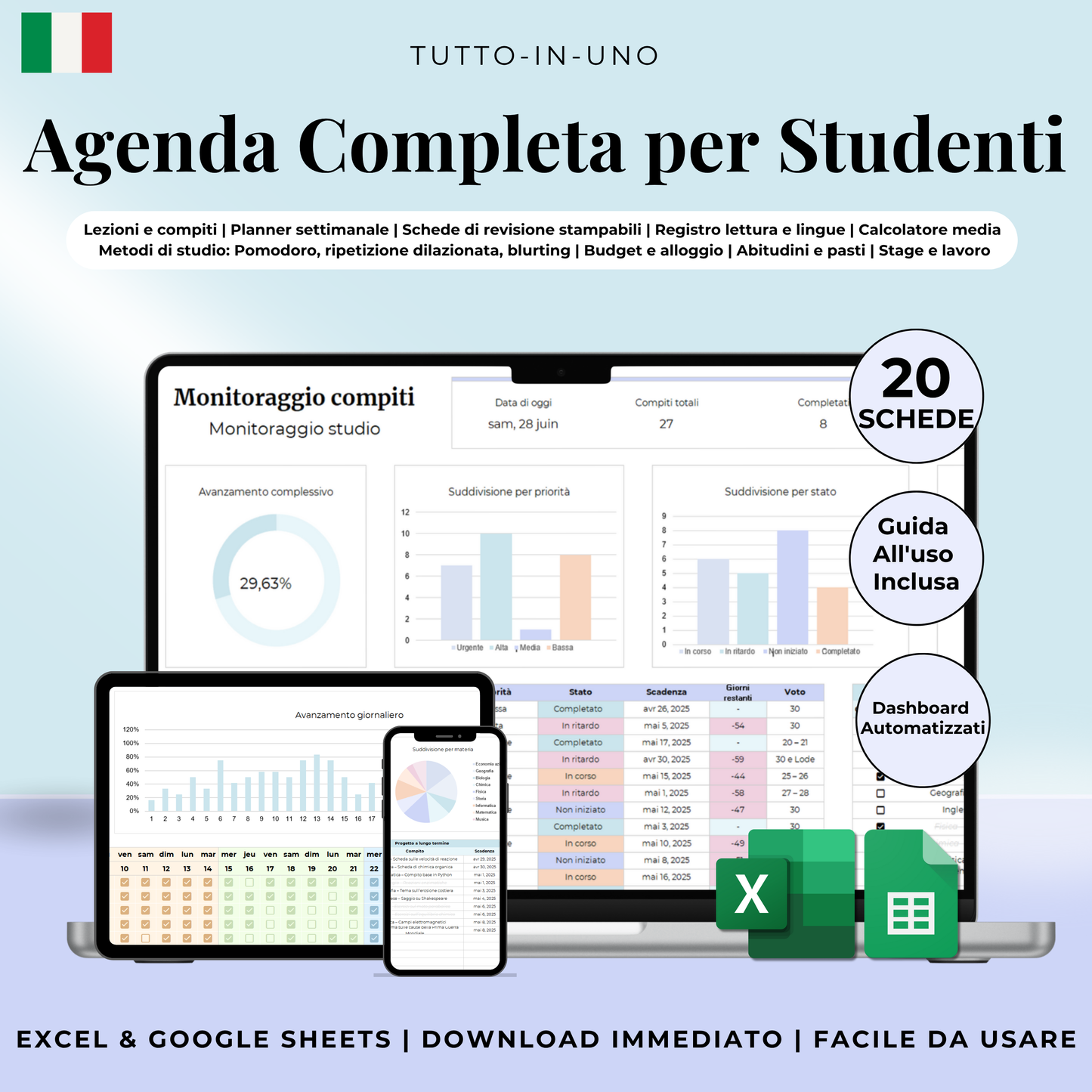 Planner studenti in italiano Excel Google Sheets organizzazione studente studio orario compiti università agenda scolastica completa voti