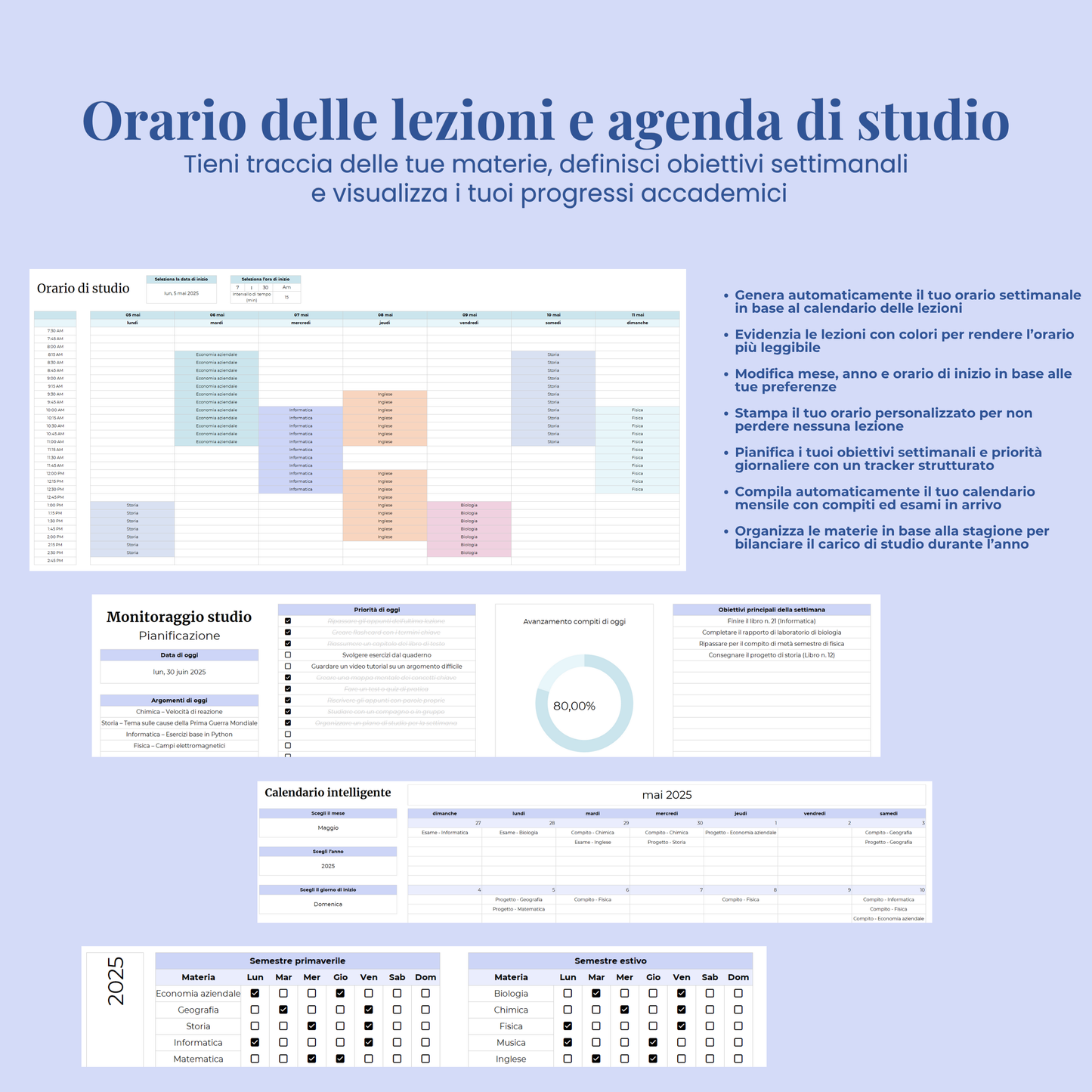 Planner studenti in italiano Excel Google Sheets organizzazione studente studio orario compiti università agenda scolastica completa voti