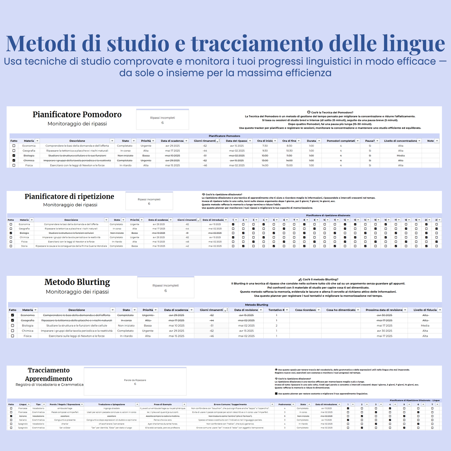 Planner studenti in italiano Excel Google Sheets organizzazione studente studio orario compiti università agenda scolastica completa voti