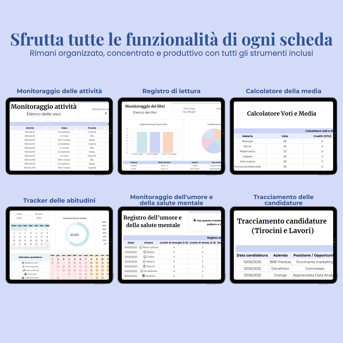 Planner studenti in italiano Excel Google Sheets organizzazione studente studio orario compiti università agenda scolastica completa voti