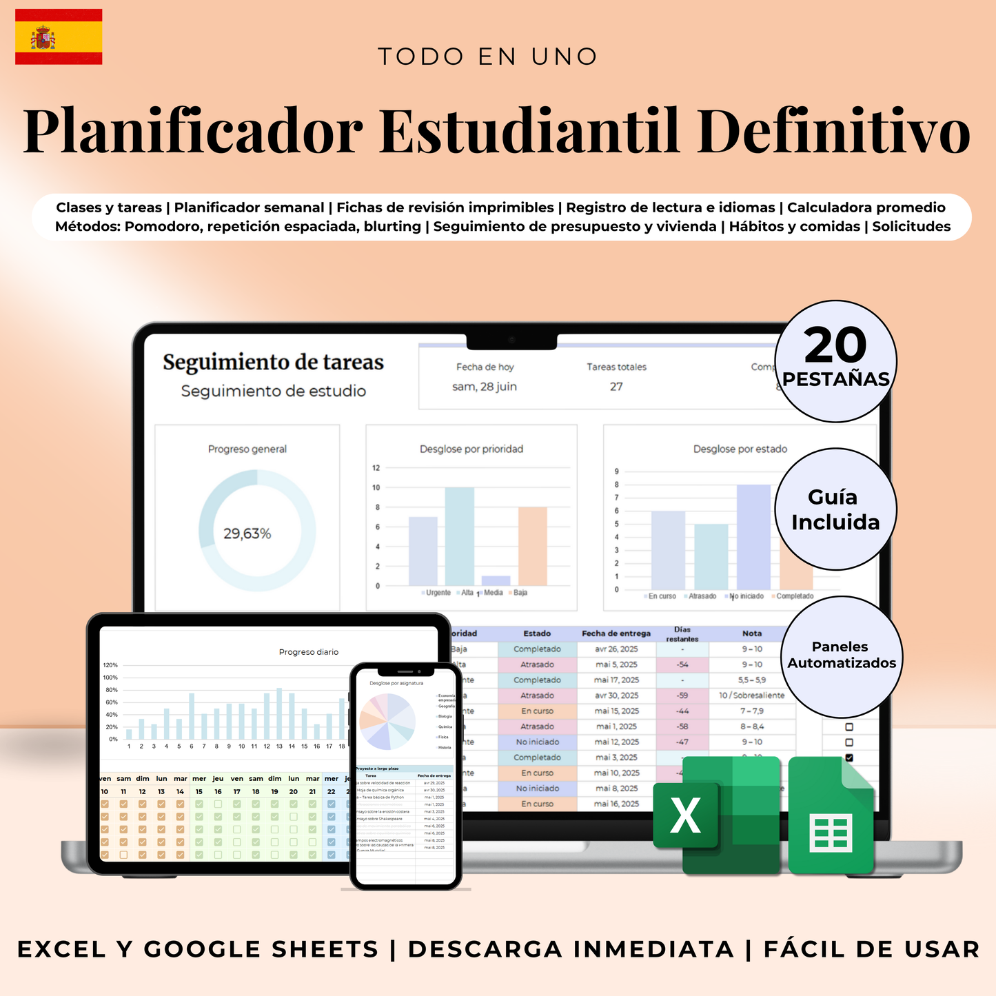 Plantilla Estudiantil en Español Excel Google Sheets Planificador Tareas Universidad Escuela Cursos Estudios Organización Estudiante Planner