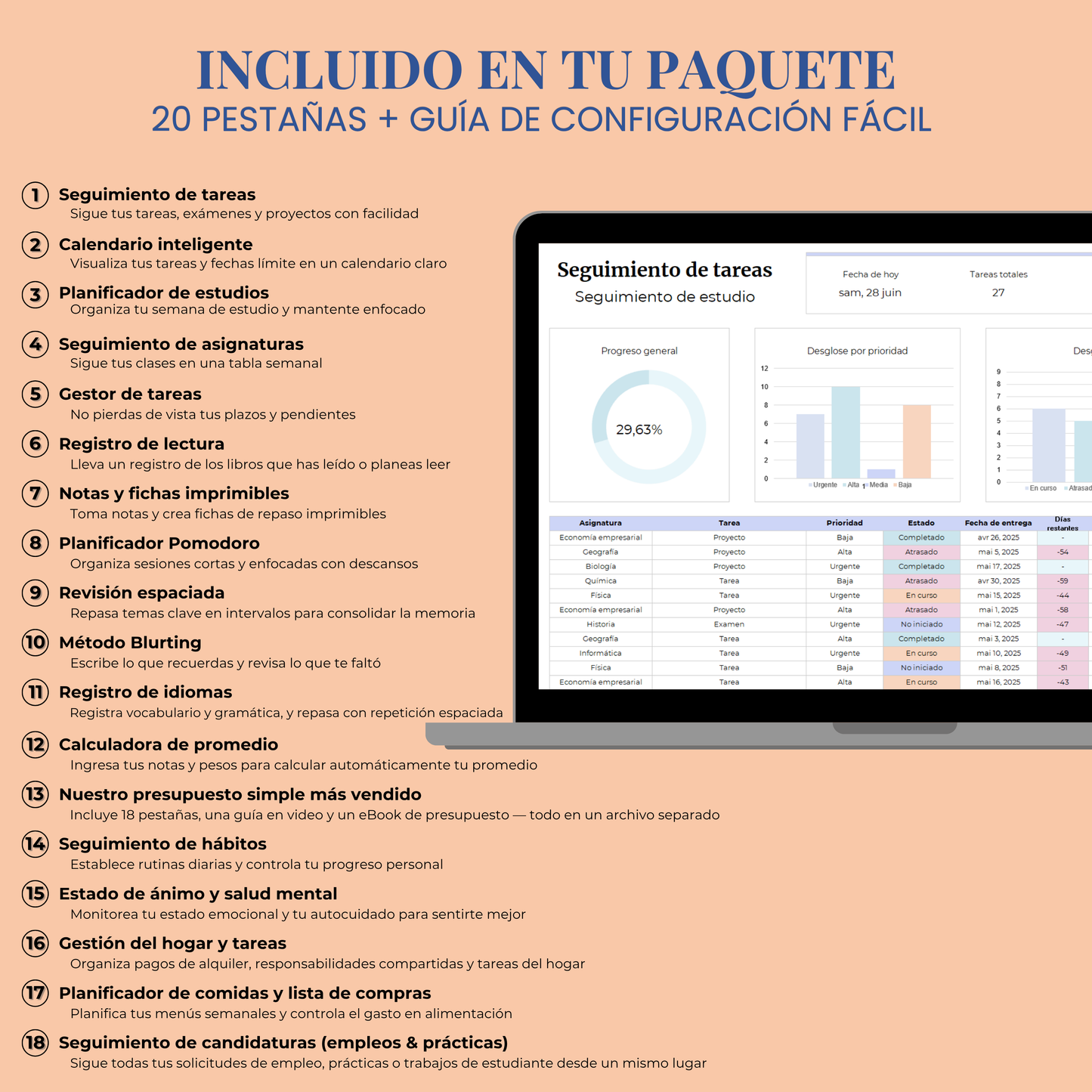 Plantilla Estudiantil en Español Excel Google Sheets Planificador Tareas Universidad Escuela Cursos Estudios Organización Estudiante Planner