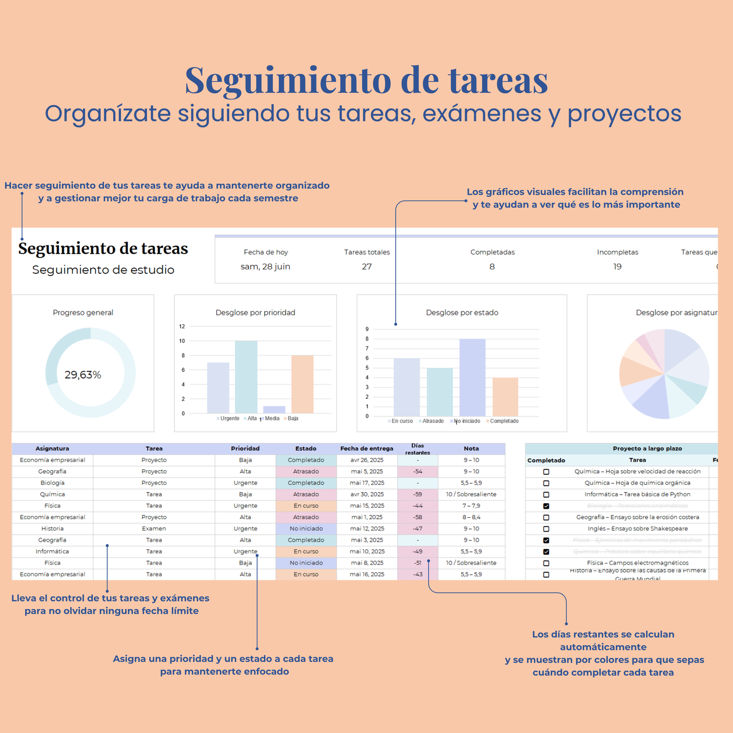 Plantilla Estudiantil en Español Excel Google Sheets Planificador Tareas Universidad Escuela Cursos Estudios Organización Estudiante Planner