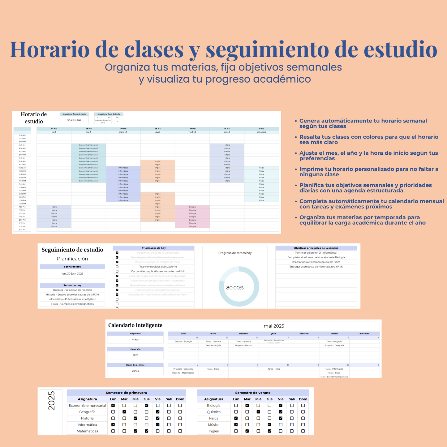 Plantilla Estudiantil en Español Excel Google Sheets Planificador Tareas Universidad Escuela Cursos Estudios Organización Estudiante Planner