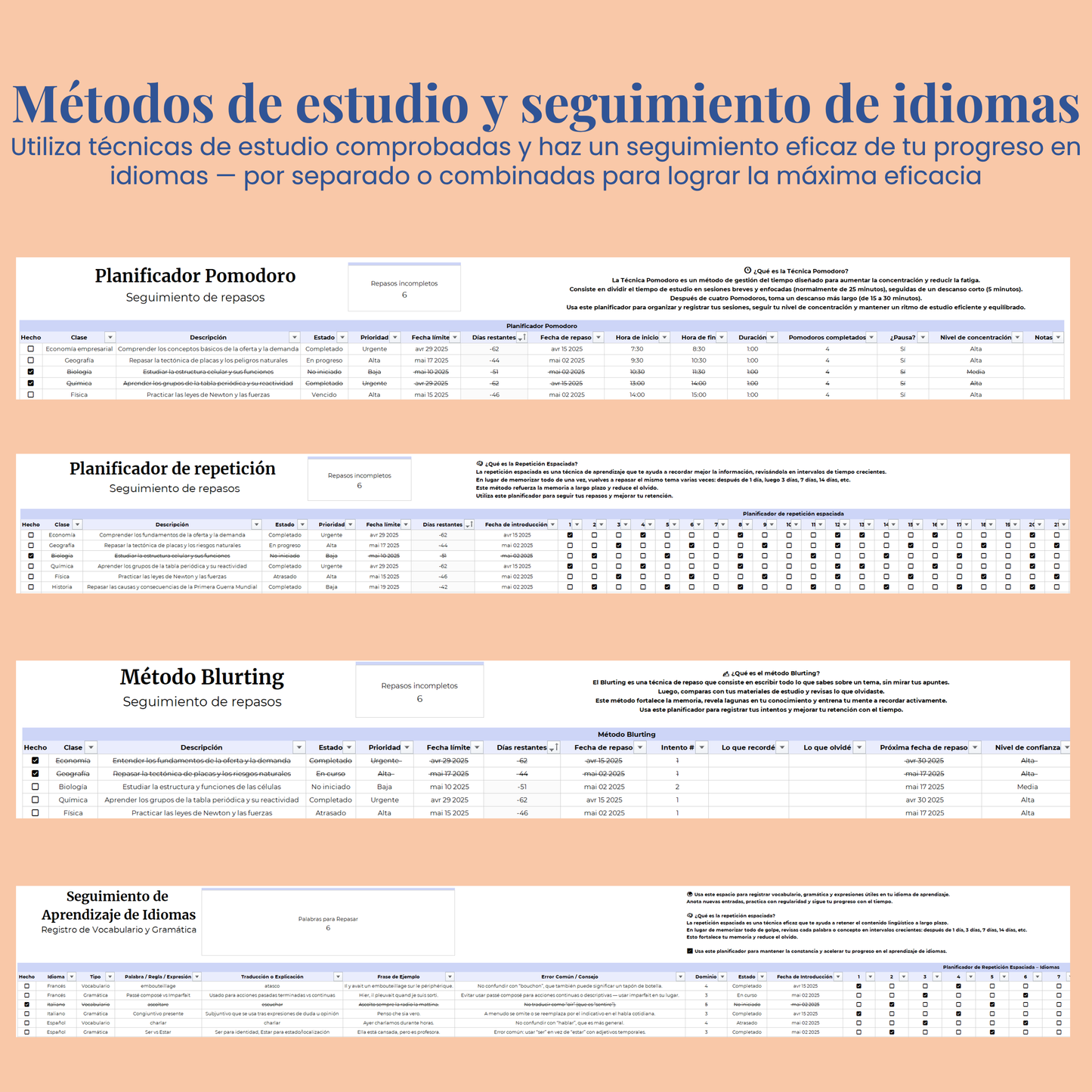 Plantilla Estudiantil en Español Excel Google Sheets Planificador Tareas Universidad Escuela Cursos Estudios Organización Estudiante Planner