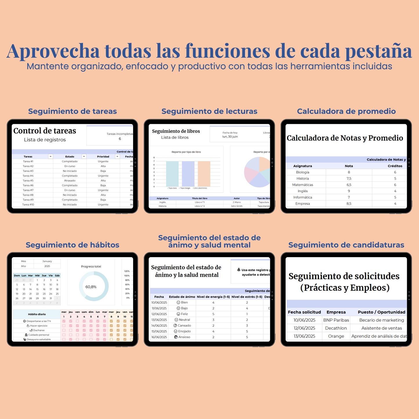 Plantilla Estudiantil en Español Excel Google Sheets Planificador Tareas Universidad Escuela Cursos Estudios Organización Estudiante Planner