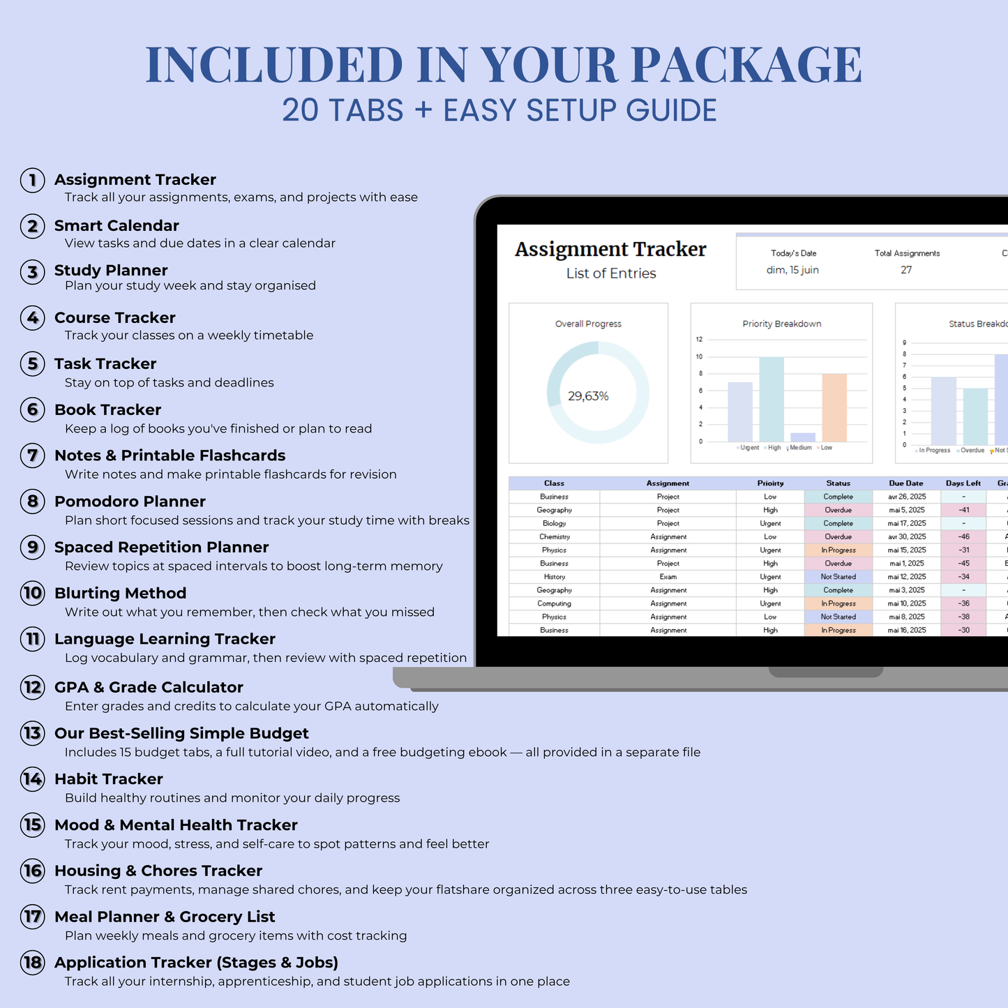 Ultimate Student Planner Spreadsheet Excel Google Sheets Assignment Tracker College Study Template University Task Planner Academic School