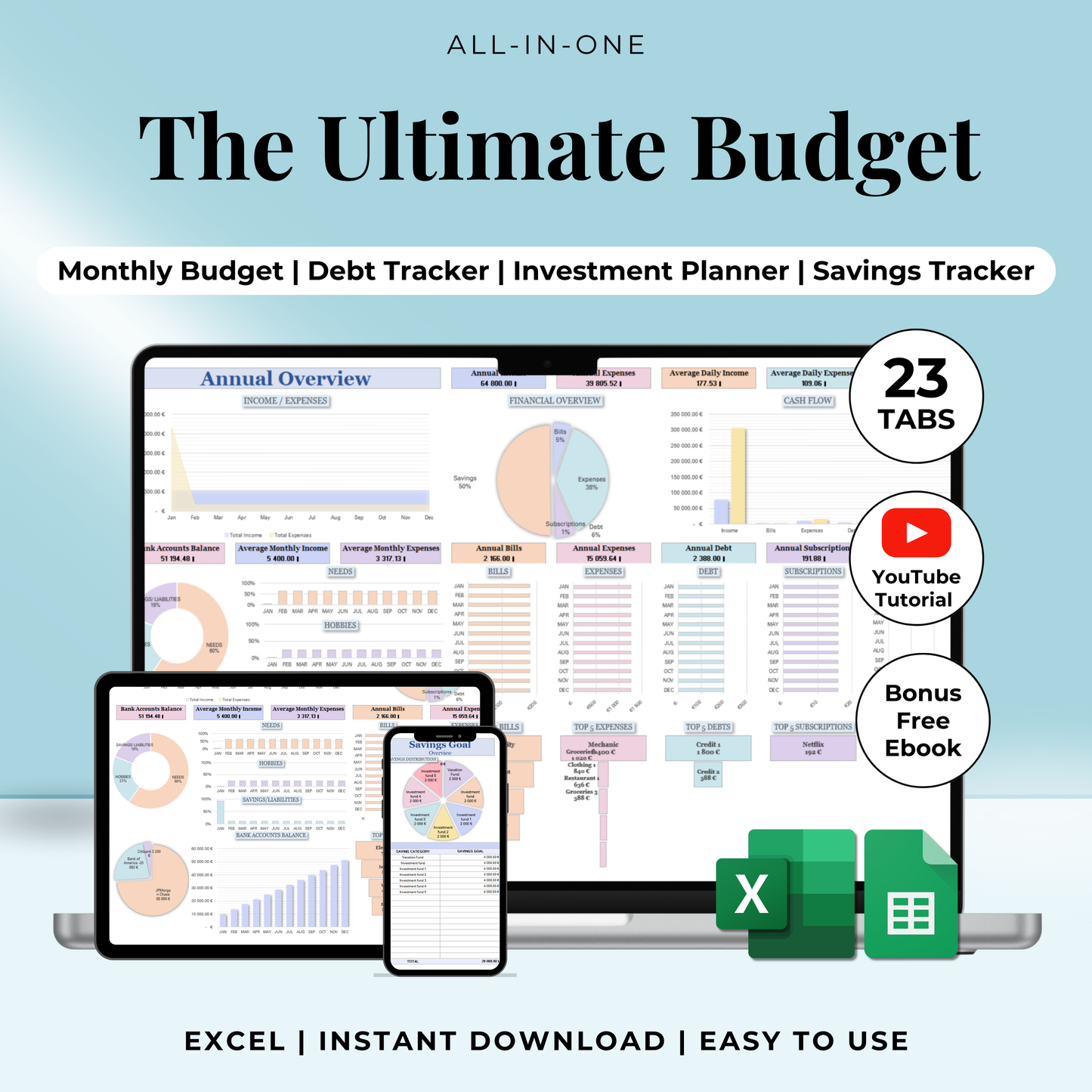 Budget Spreadsheet Budget Google Sheets Annual Budget Monthly Template Financial Planner Investment Tracker Home Buying Power paycheck biweekly debt bill calendar Retirement Planner zero based budget family budget excel template