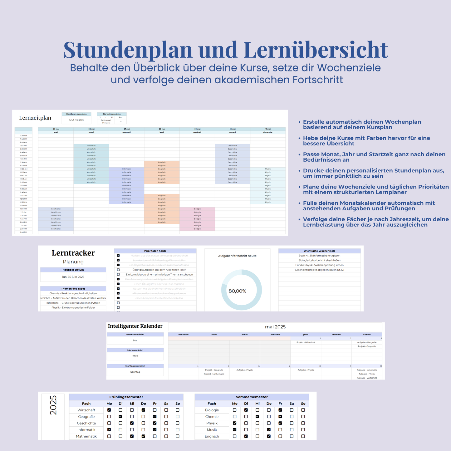 Ultimativer Studienplaner auf Deutsch Excel Google Sheets Studentenplaner Schulplaner Lernplan Vorlage Aufgabenplaner Tracker Uni Akademisch