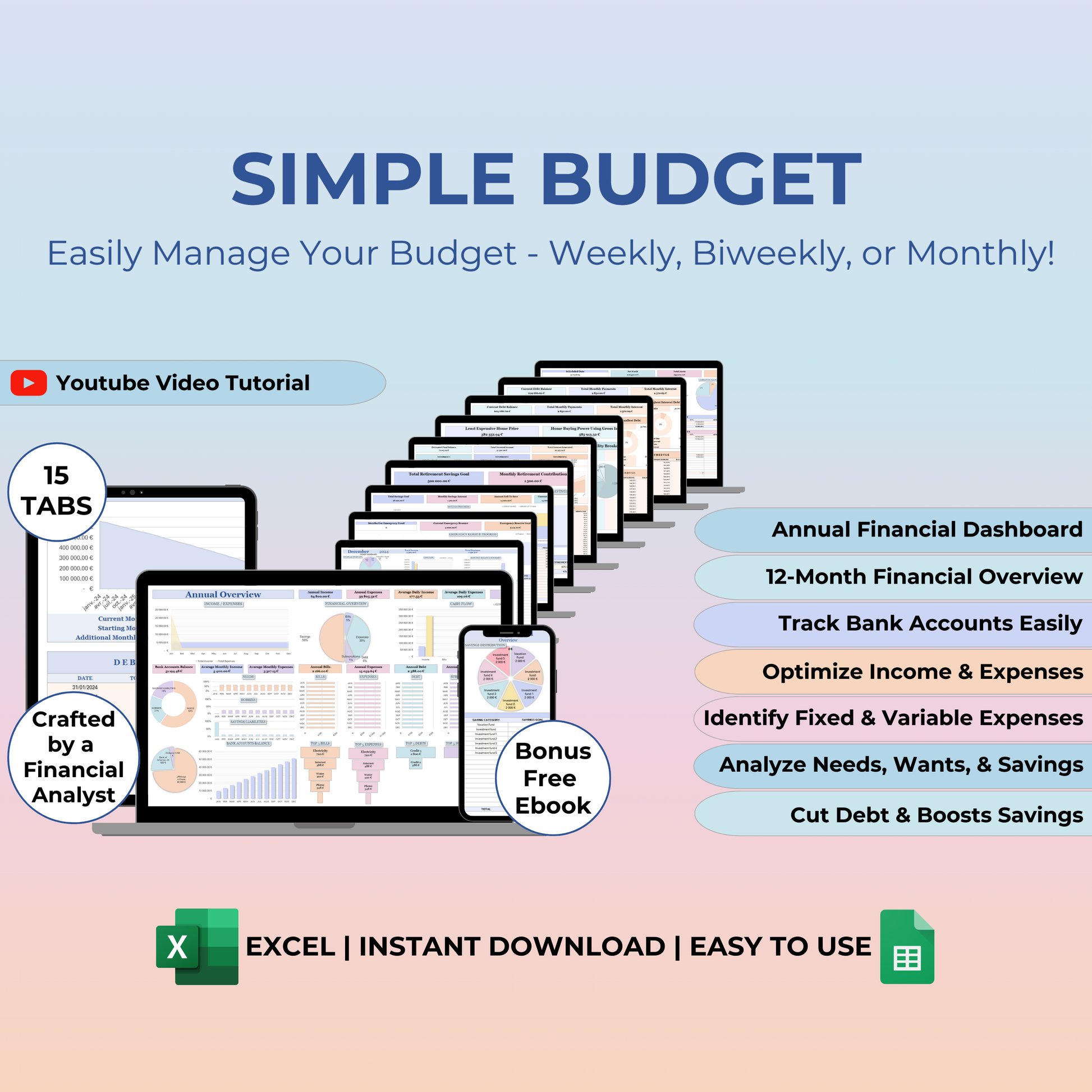 Budget Planner for Google Sheets, Track Monthly Expenses, Manage Your Income, Bills, and Debt Easily