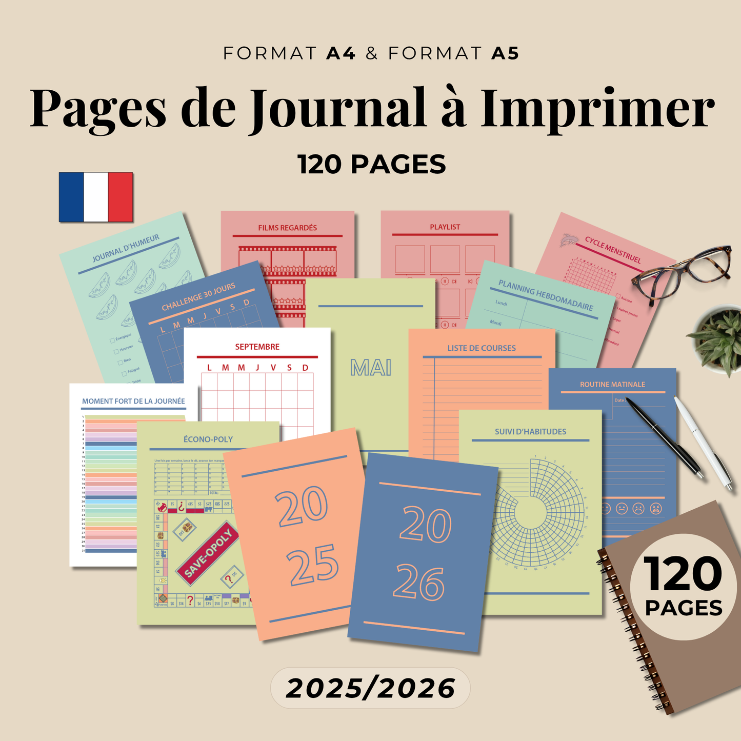 Bullet Journal 2025-2026 en français, Ensemble de pages de journal à imprimer, Pack complet de pages de planner, format A4 A5