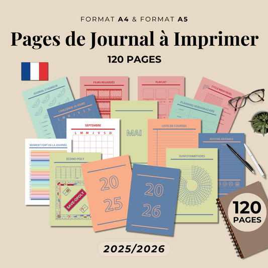 Bullet Journal 2025-2026 en français, Ensemble de pages de journal à imprimer, Pack complet de pages de planner, format A4 A5