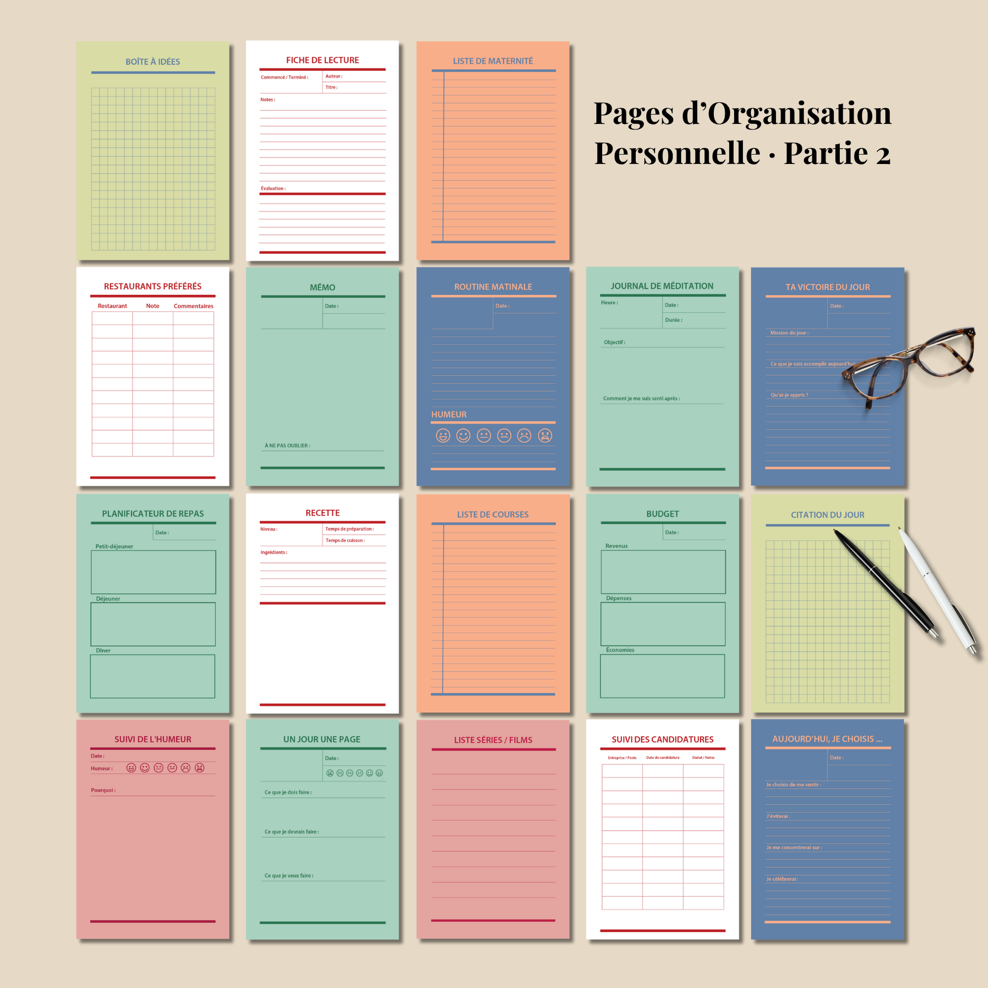 Bullet Journal 2025-2026 en français, Ensemble de pages de journal à imprimer, Pack complet de pages de planner, format A4 A5