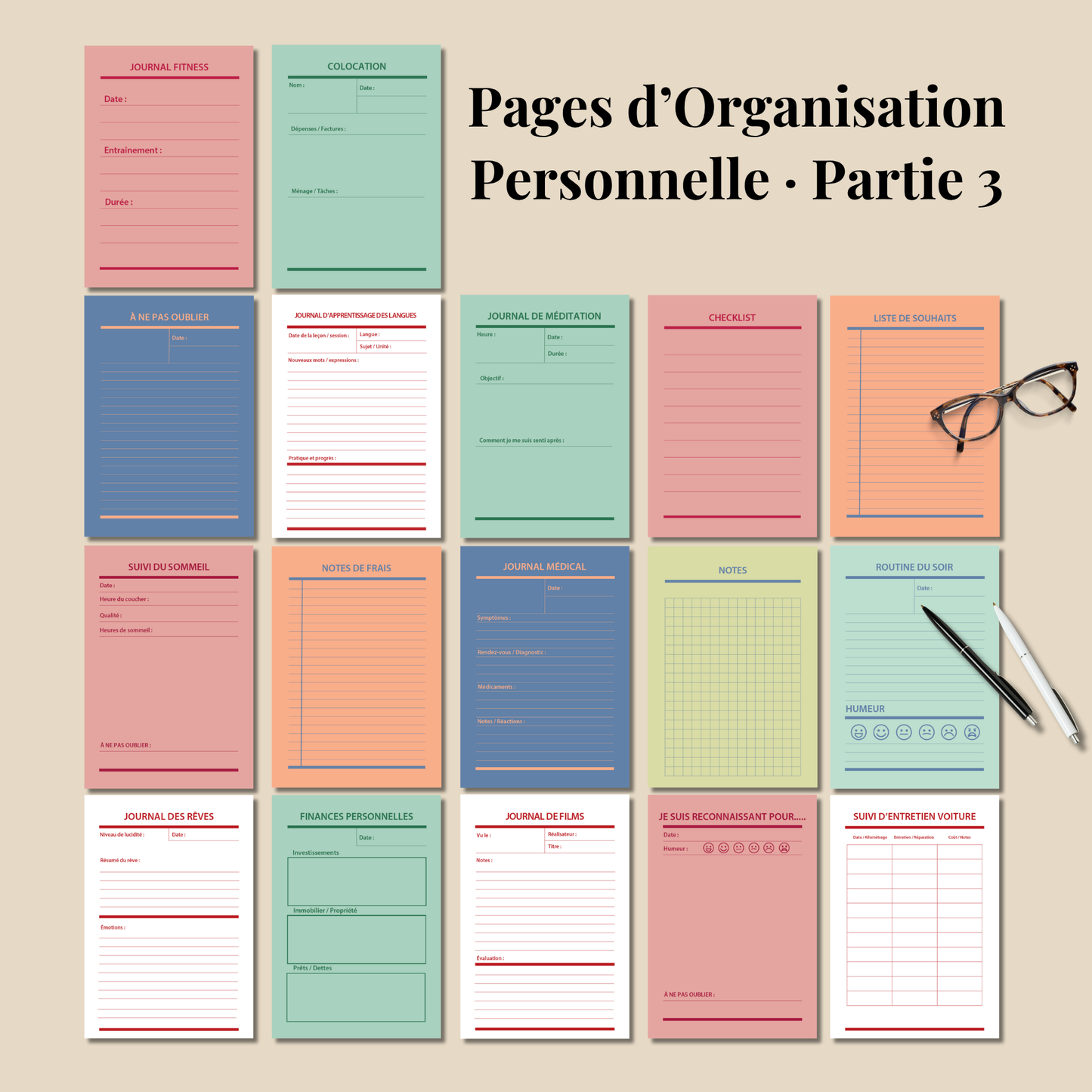 Bullet Journal 2025-2026 en français, Ensemble de pages de journal à imprimer, Pack complet de pages de planner, format A4 A5