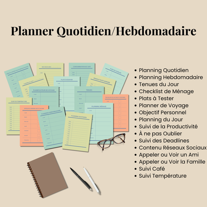 Bullet Journal 2025-2026 en français, Ensemble de pages de journal à imprimer, Pack complet de pages de planner, format A4 A5