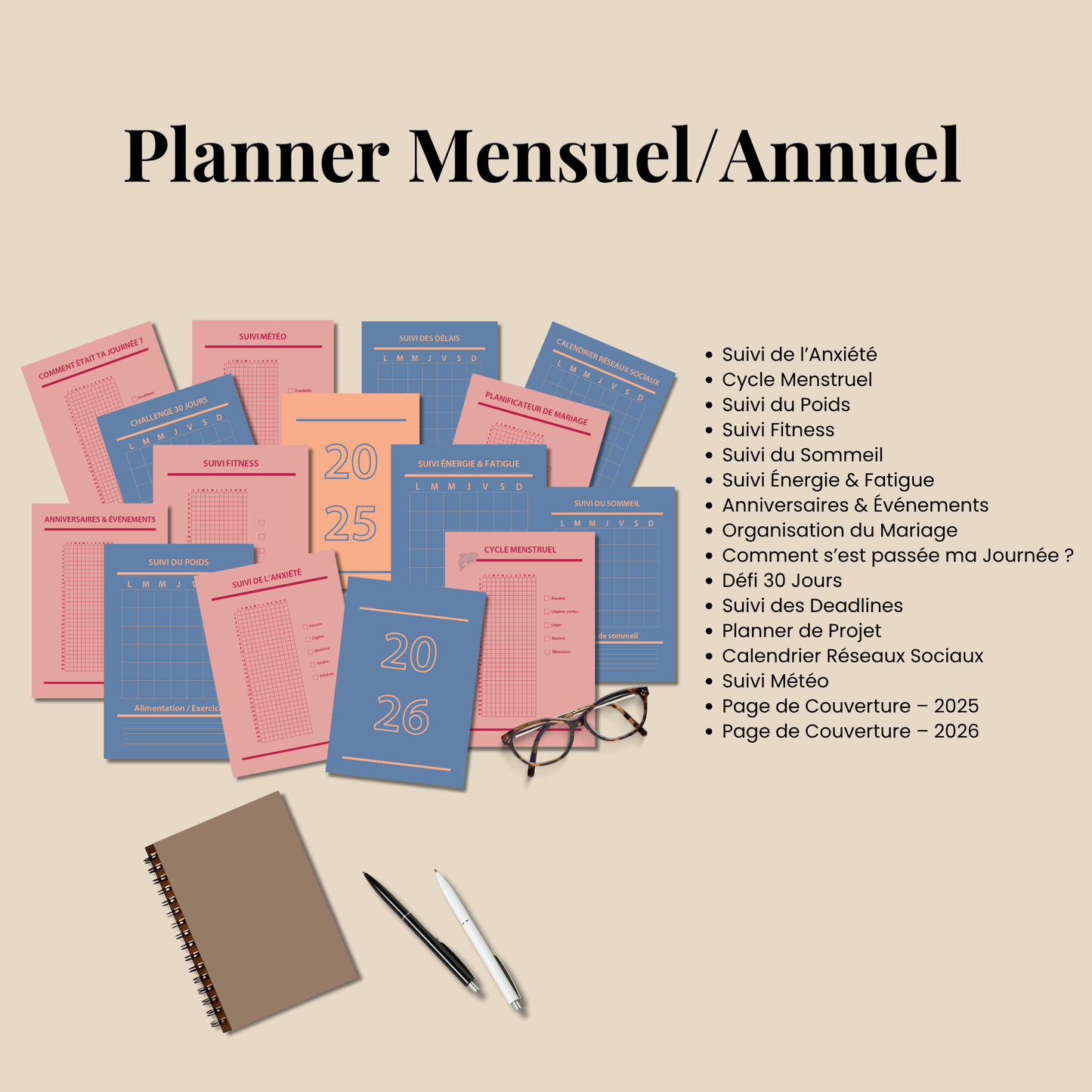 Bullet Journal 2025-2026 en français, Ensemble de pages de journal à imprimer, Pack complet de pages de planner, format A4 A5