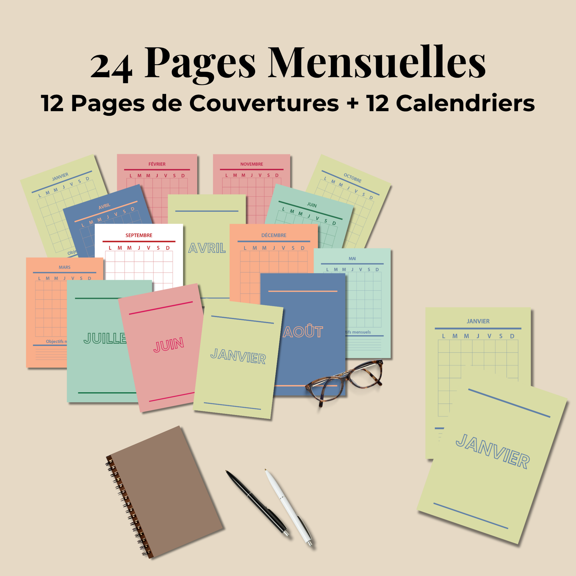 Bullet Journal 2025-2026 en français, Ensemble de pages de journal à imprimer, Pack complet de pages de planner, format A4 A5
