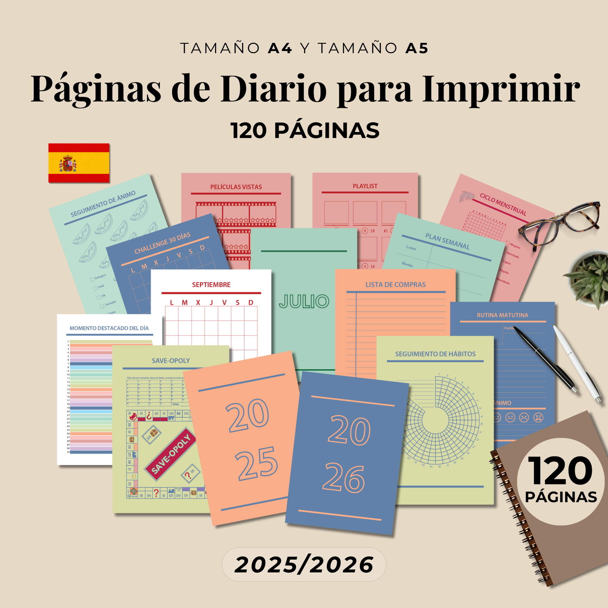 Bullet Journal 2025 2026 imprimible en español, Pack completo paginas planner A4 y A5, Plantillas editable PDF, Bujo, Planificador agenda