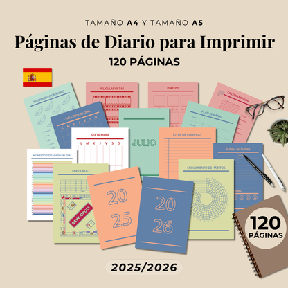 Bullet Journal 2025 2026 imprimible en español, Pack completo paginas planner A4 y A5, Plantillas editable PDF, Bujo, Planificador agenda