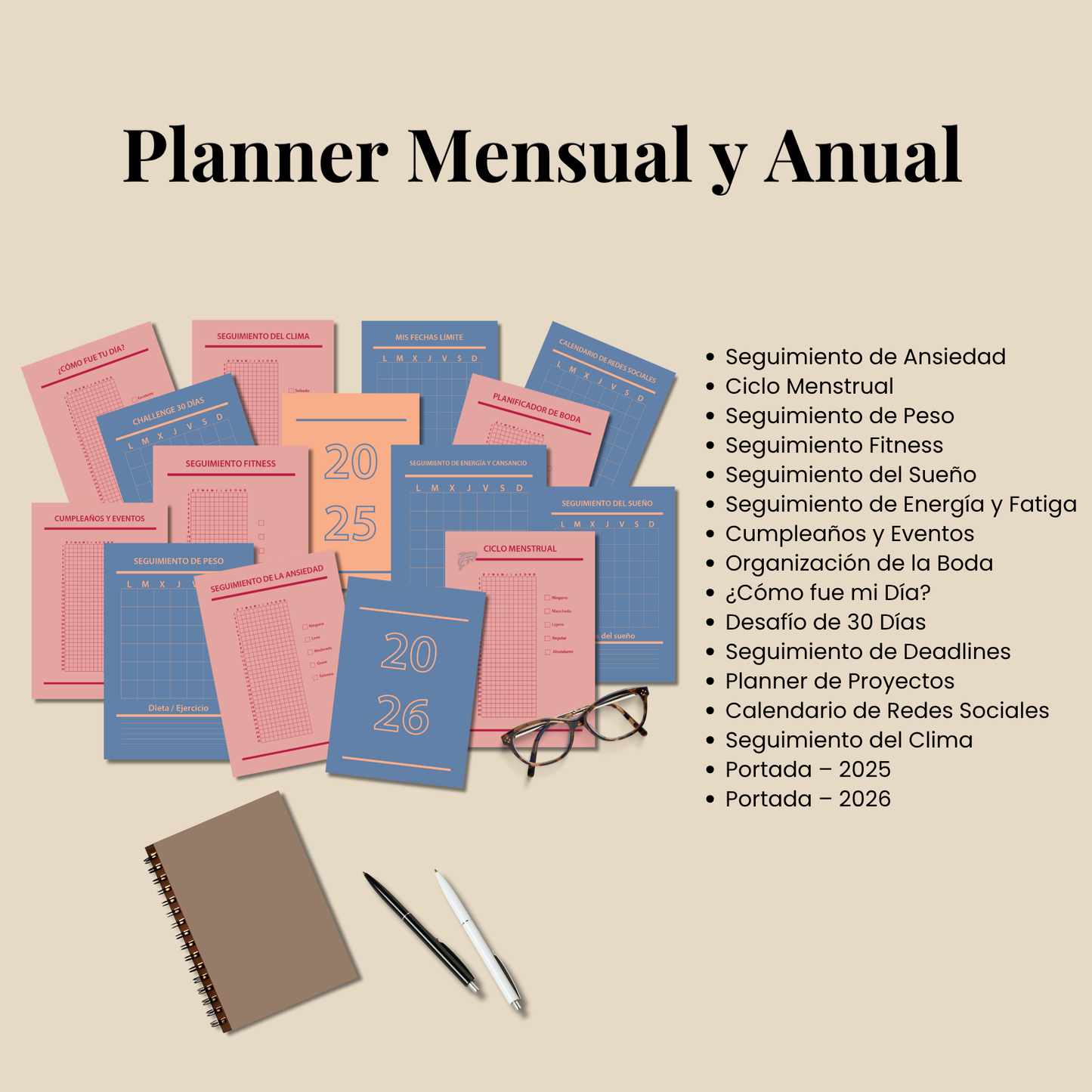 Bullet Journal 2025 2026 imprimible en español, Pack completo paginas planner A4 y A5, Plantillas editable PDF, Bujo, Planificador agenda