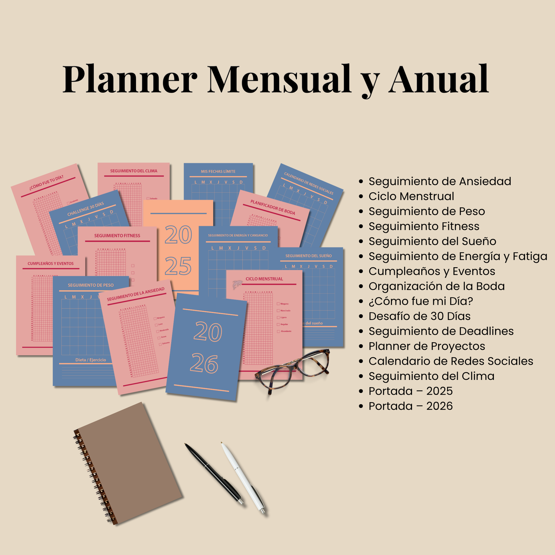 Bullet Journal 2025 2026 imprimible en español, Pack completo paginas planner A4 y A5, Plantillas editable PDF, Bujo, Planificador agenda