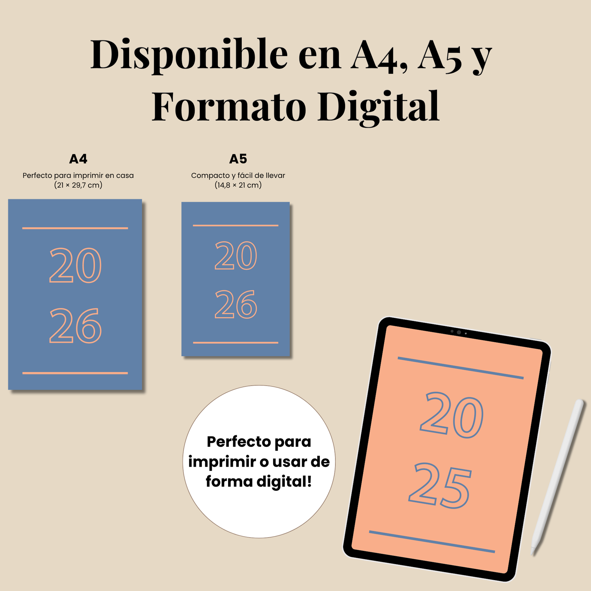 Bullet Journal 2025 2026 imprimible en español, Pack completo paginas planner A4 y A5, Plantillas editable PDF, Bujo, Planificador agenda