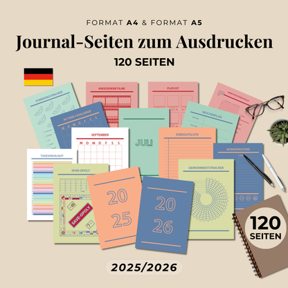 Druckbare Bullet Journal Seiten A4 A5 auf Deutsch, Komplettes Planner Set 2025–2026, Druckvorlagen zum Ausdrucken