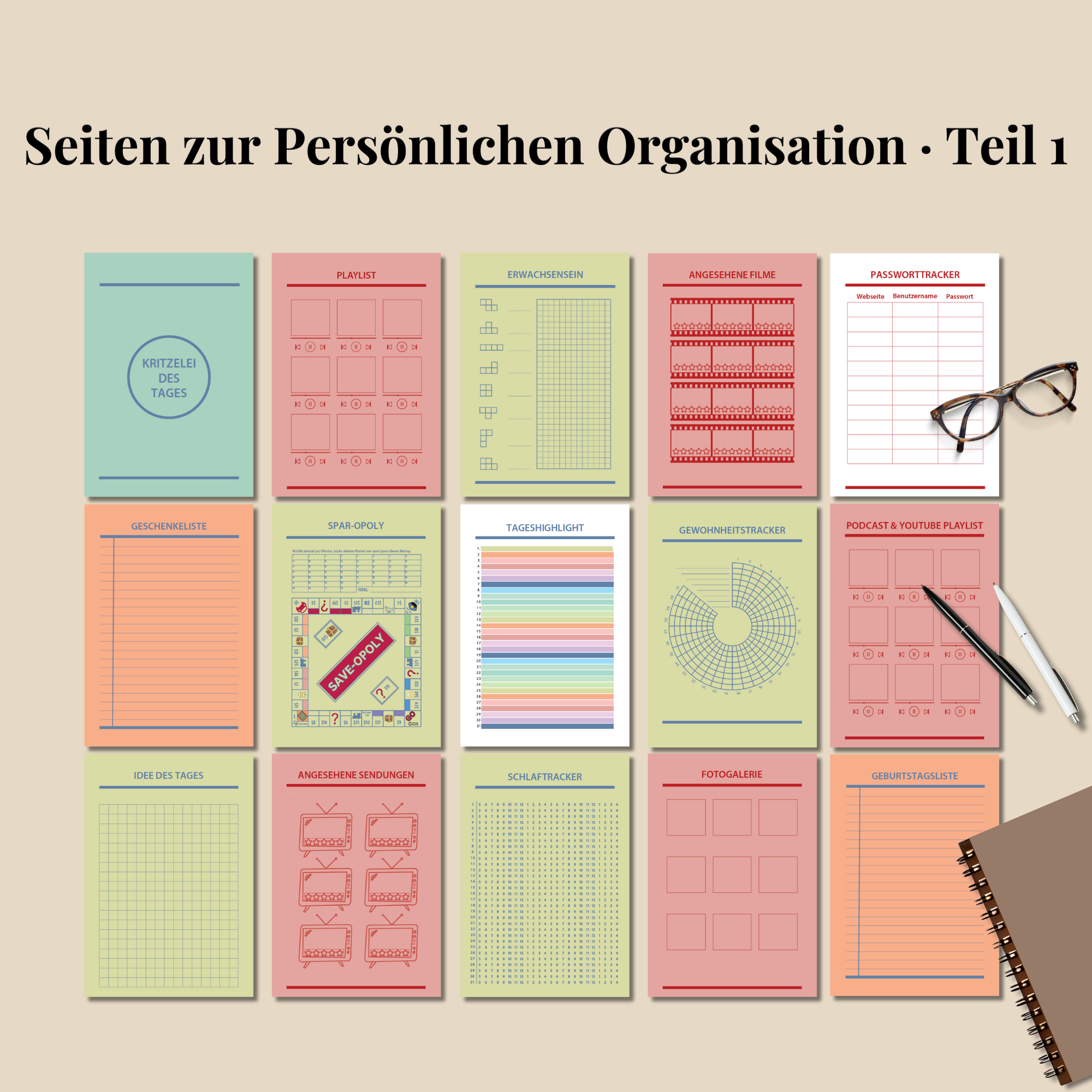 Druckbare Bullet Journal Seiten A4 A5 auf Deutsch, Komplettes Planner Set 2025–2026, Druckvorlagen zum Ausdrucken