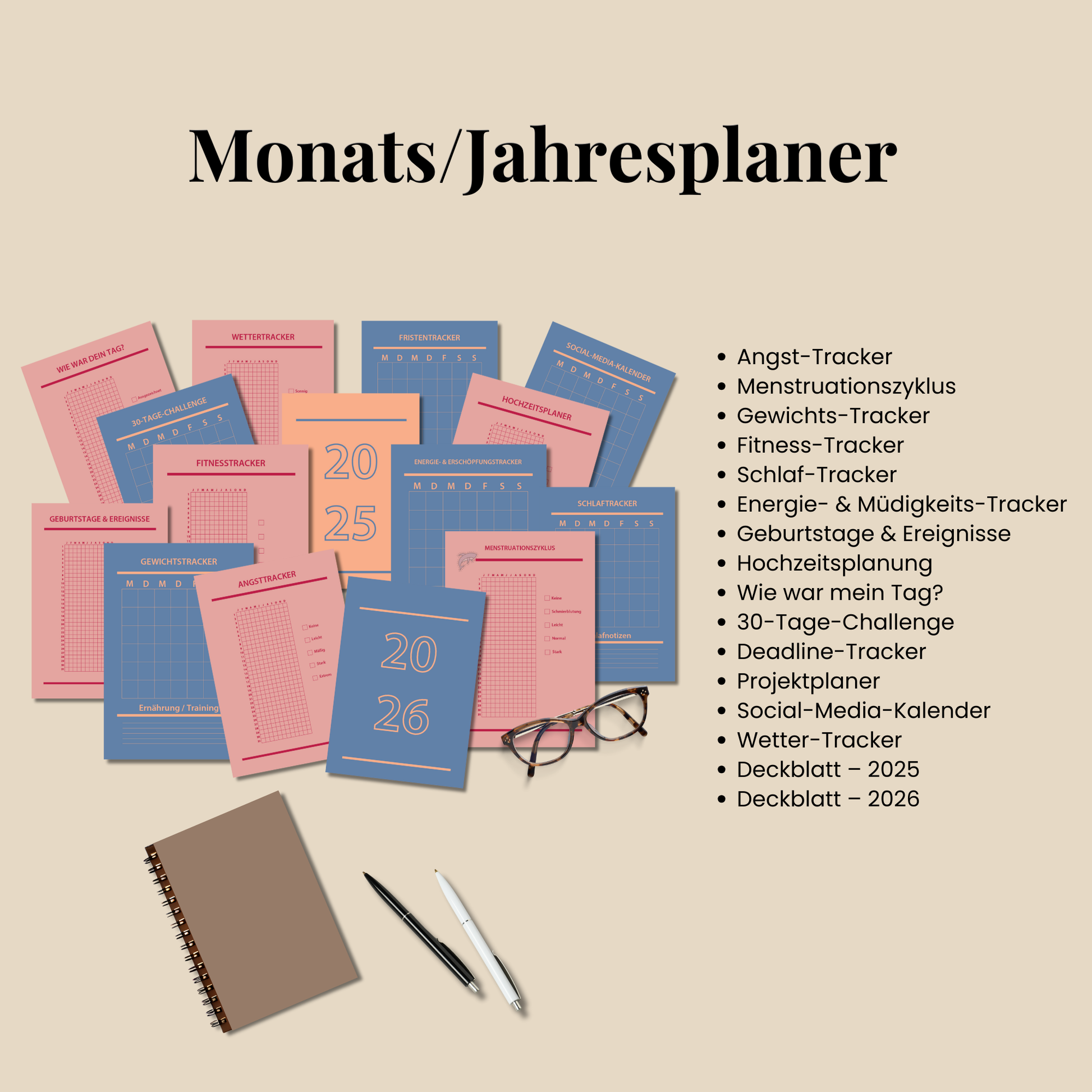Druckbare Bullet Journal Seiten A4 A5 auf Deutsch, Komplettes Planner Set 2025–2026, Druckvorlagen zum Ausdrucken