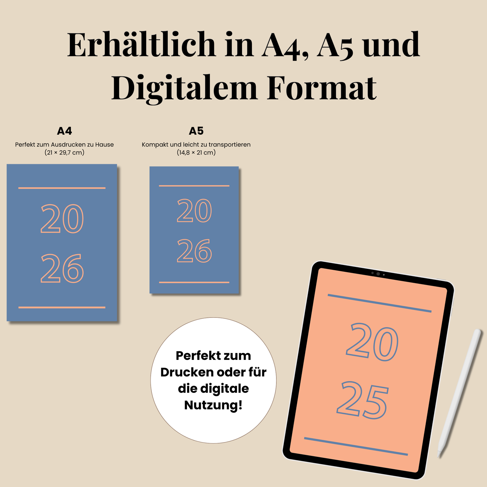 Druckbare Bullet Journal Seiten A4 A5 auf Deutsch, Komplettes Planner Set 2025–2026, Druckvorlagen zum Ausdrucken