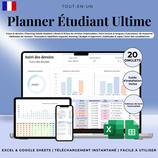 Planner Etudiant en Français Excel Google Sheets Organisateur pour étudiants Suivi devoirs cours révision Fac Modèle Etudes Université Ecole