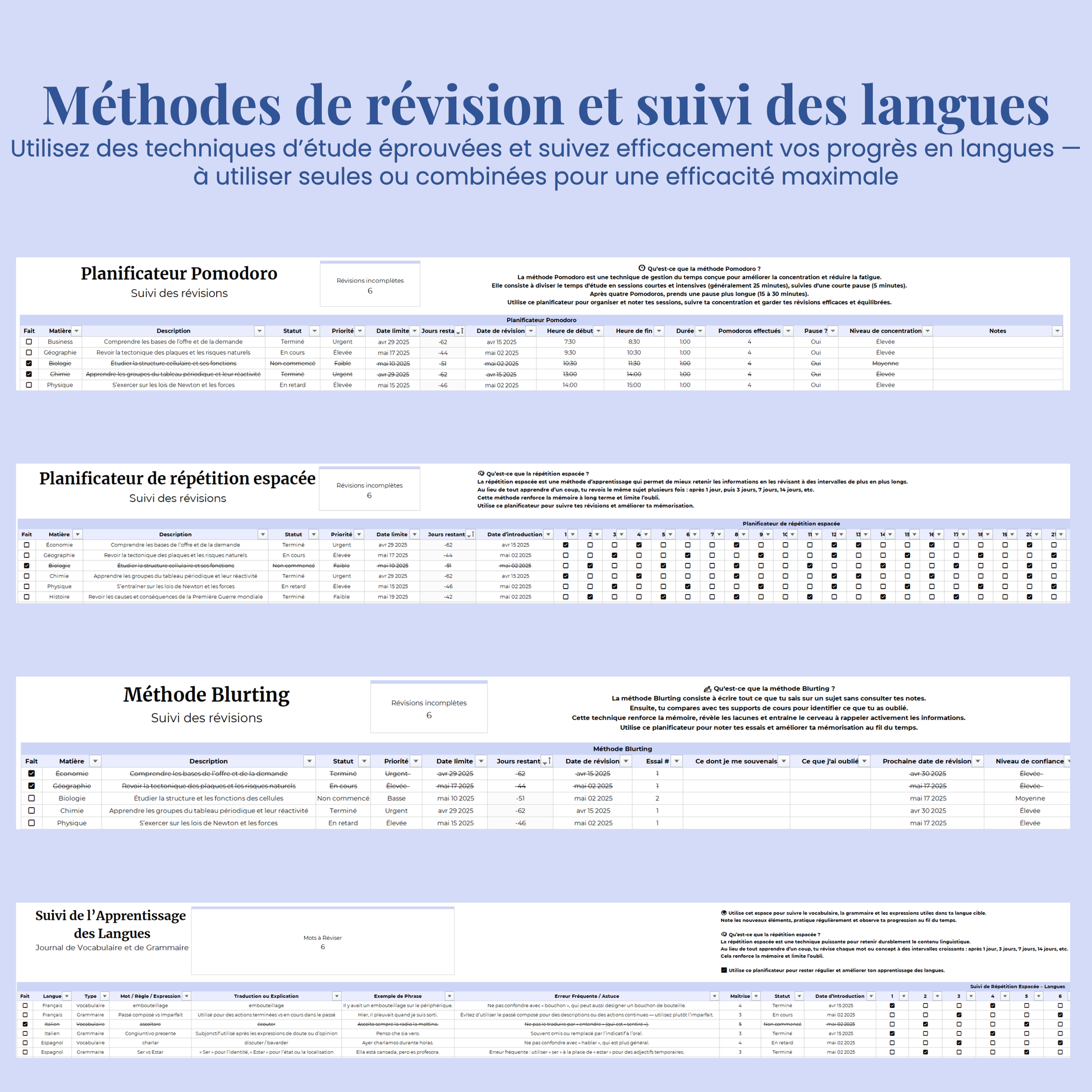 Planner Etudiant en Français Excel Google Sheets Organisateur pour étudiants Suivi devoirs cours révision Fac Modèle Etudes Université Ecole