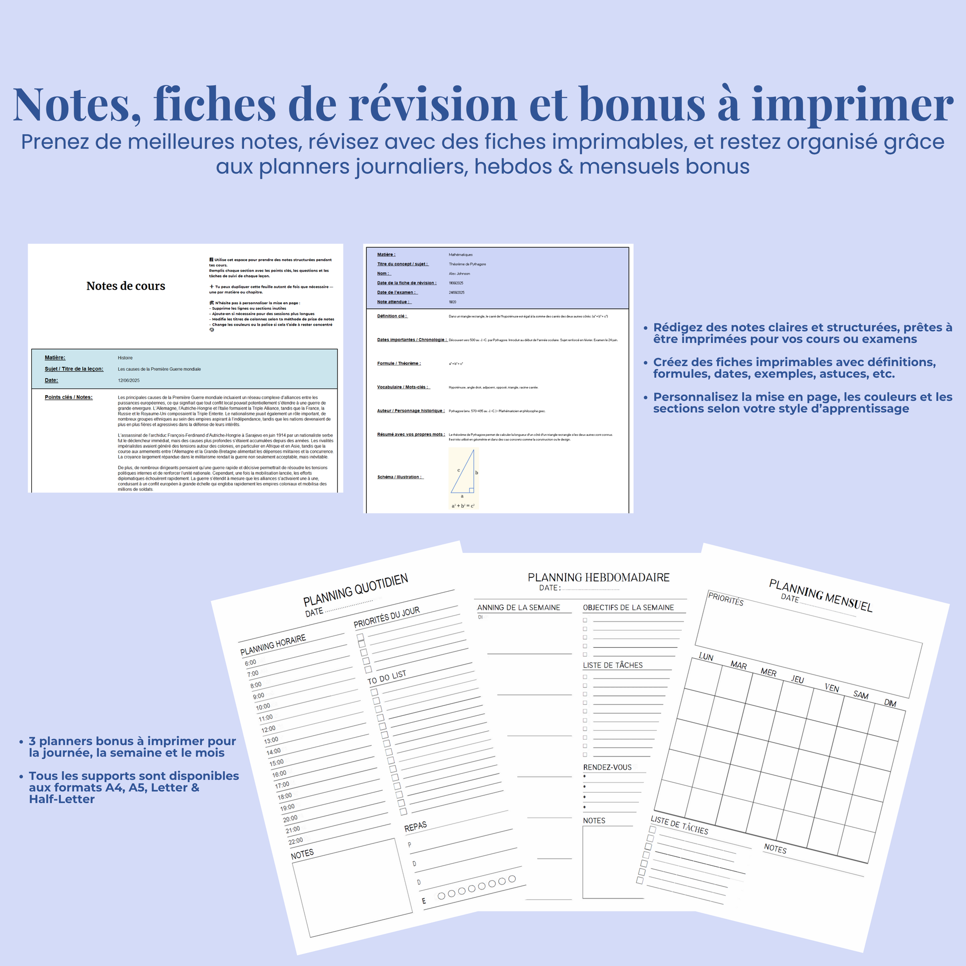 Planner Etudiant en Français Excel Google Sheets Organisateur pour étudiants Suivi devoirs cours révision Fac Modèle Etudes Université Ecole