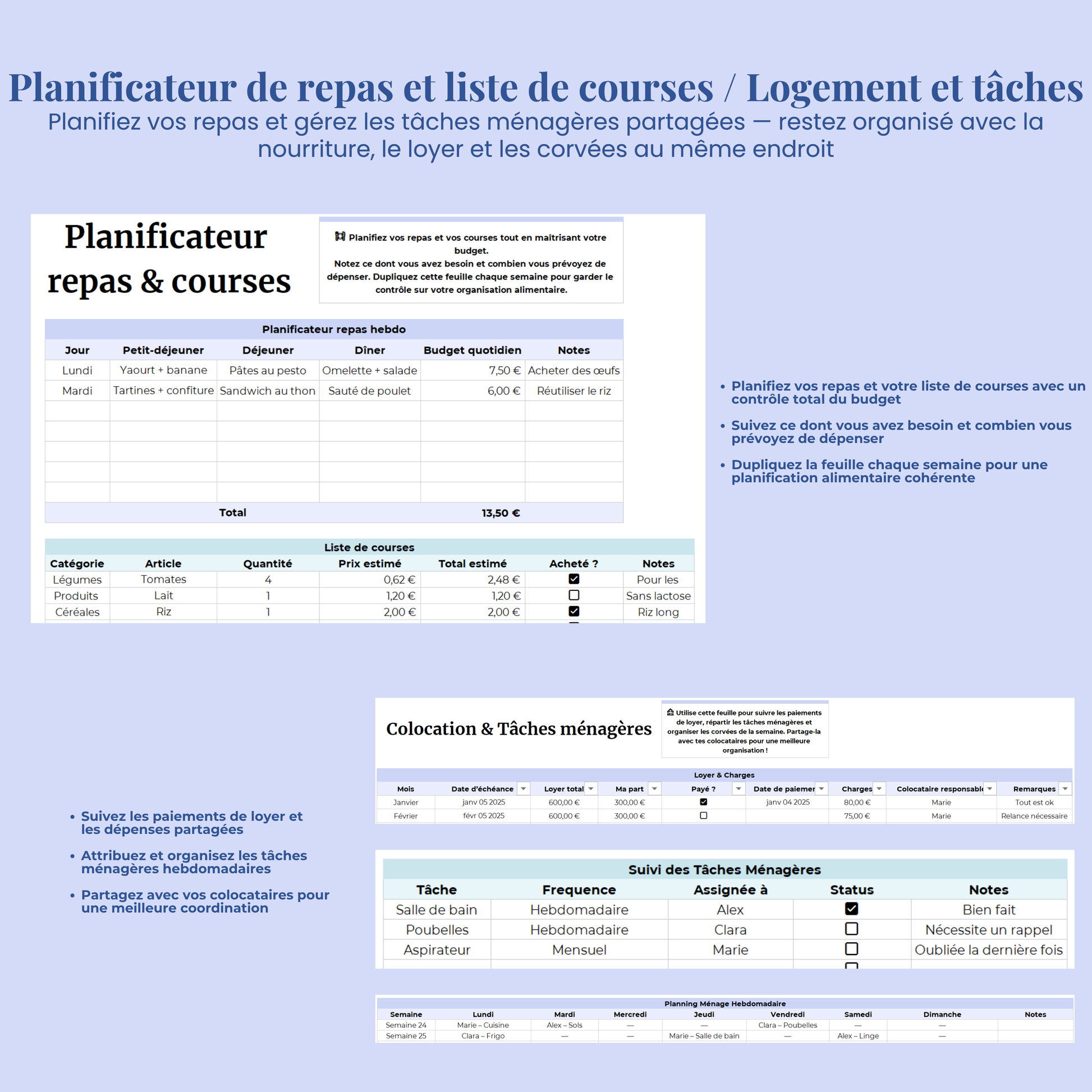 Planner Etudiant en Français Excel Google Sheets Organisateur pour étudiants Suivi devoirs cours révision Fac Modèle Etudes Université Ecole