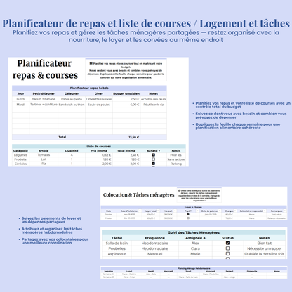 Planner Etudiant en Français Excel Google Sheets Organisateur pour étudiants Suivi devoirs cours révision Fac Modèle Etudes Université Ecole