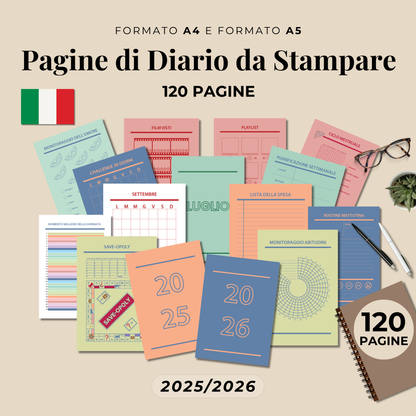 Planner Stampabile A4 A5 in italiano, Set Completo Pagine Agenda da Stampare, Bullet Journal stampabili, Abitudini e Umore Lettura Benessere
