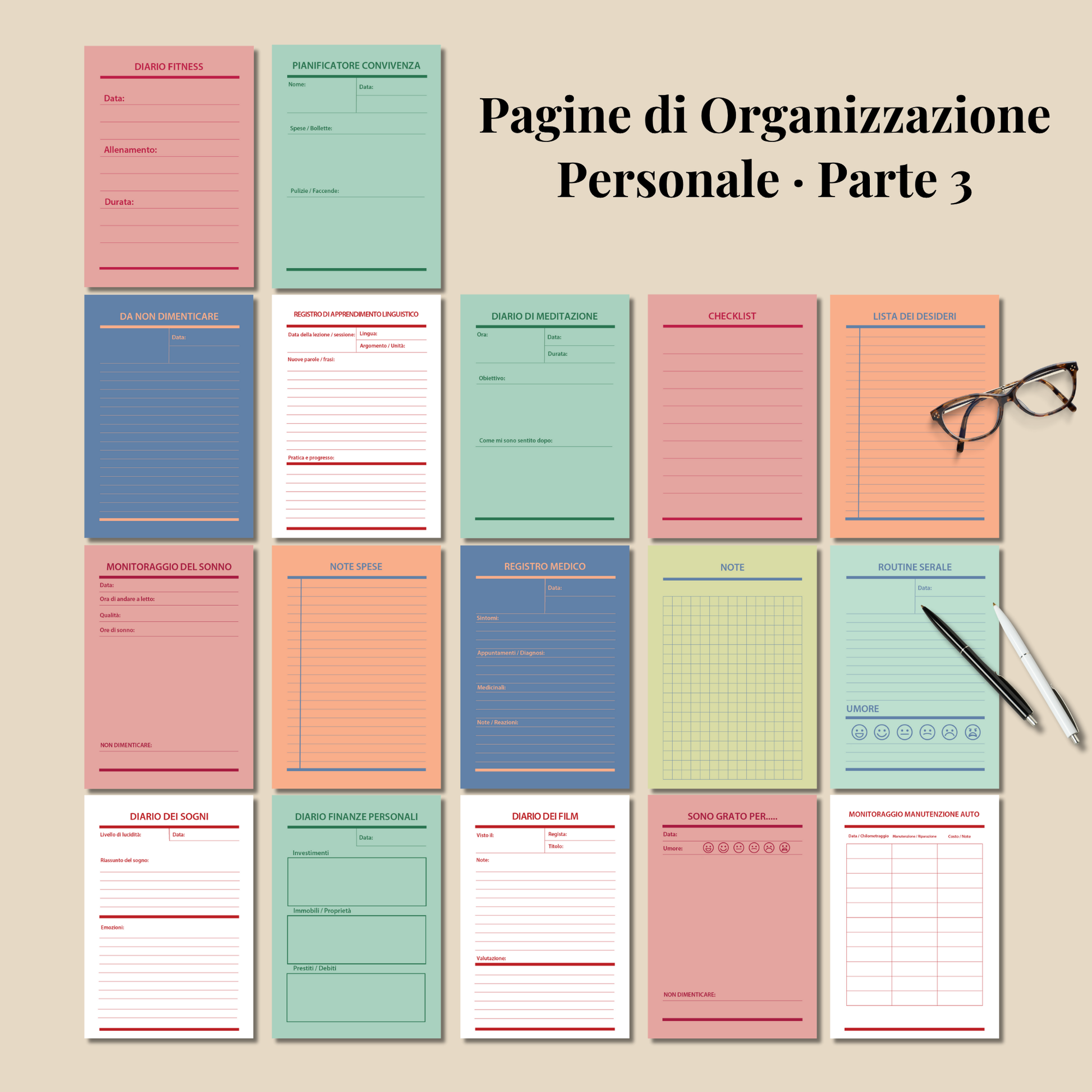 Planner Stampabile A4 A5 in italiano, Set Completo Pagine Agenda da Stampare, Bullet Journal stampabili, Abitudini e Umore Lettura Benessere
