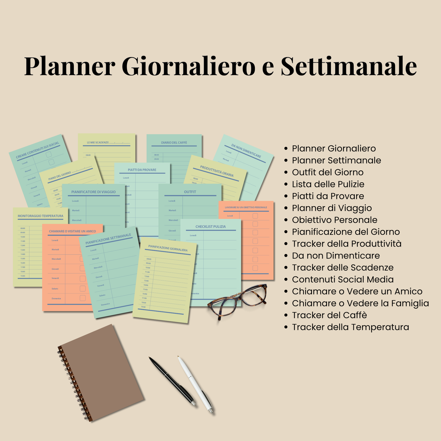 Planner Stampabile A4 A5 in italiano, Set Completo Pagine Agenda da Stampare, Bullet Journal stampabili, Abitudini e Umore Lettura Benessere