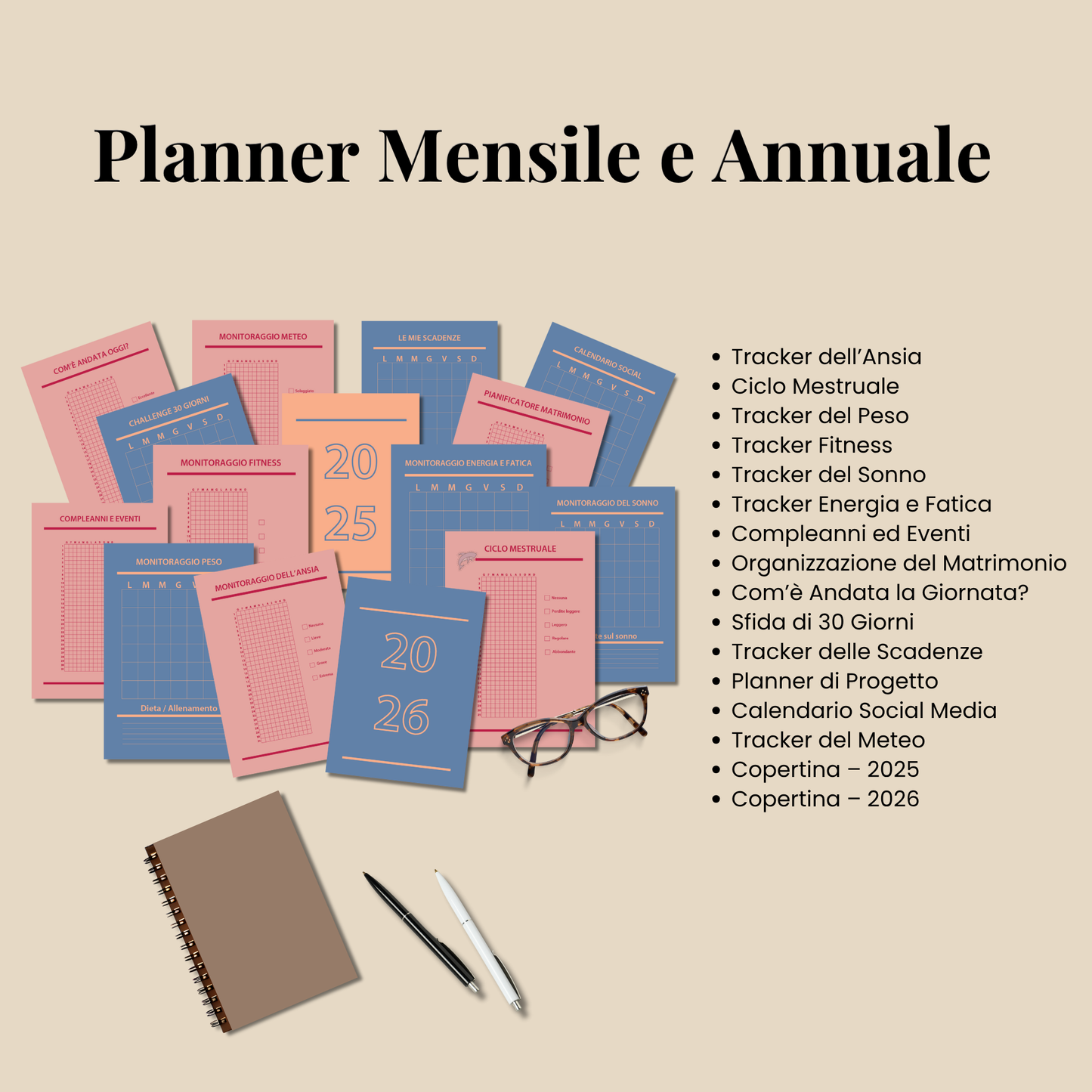 Planner Stampabile A4 A5 in italiano, Set Completo Pagine Agenda da Stampare, Bullet Journal stampabili, Abitudini e Umore Lettura Benessere