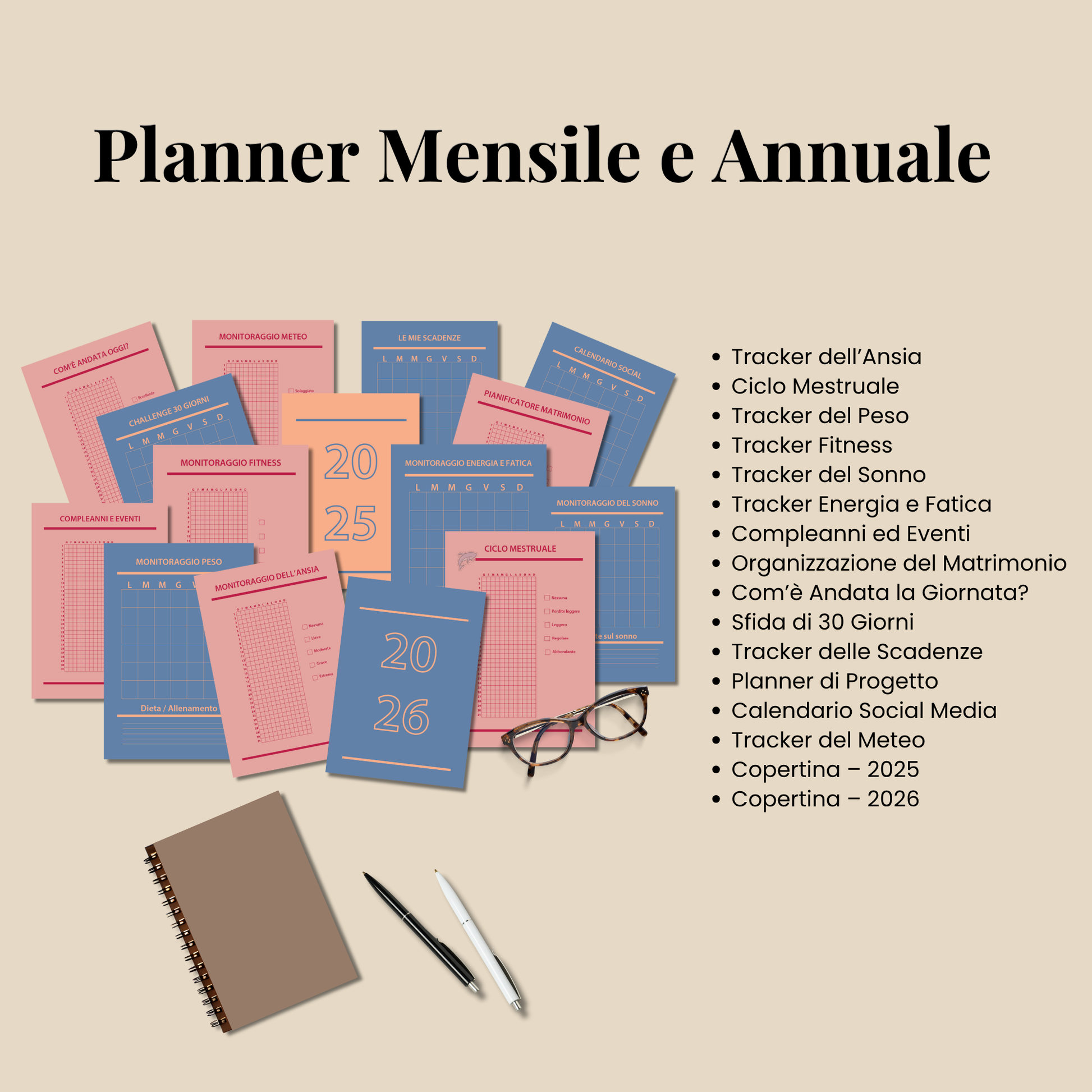 Planner Stampabile A4 A5 in italiano, Set Completo Pagine Agenda da Stampare, Bullet Journal stampabili, Abitudini e Umore Lettura Benessere