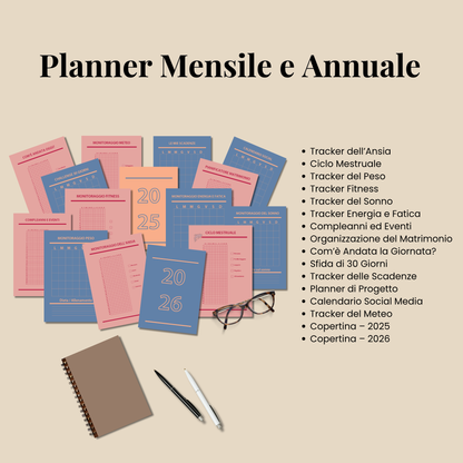 Planner Stampabile A4 A5 in italiano, Set Completo Pagine Agenda da Stampare, Bullet Journal stampabili, Abitudini e Umore Lettura Benessere