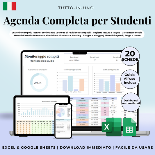 Planner studenti in italiano Excel Google Sheets organizzazione studente studio orario compiti università agenda scolastica completa voti