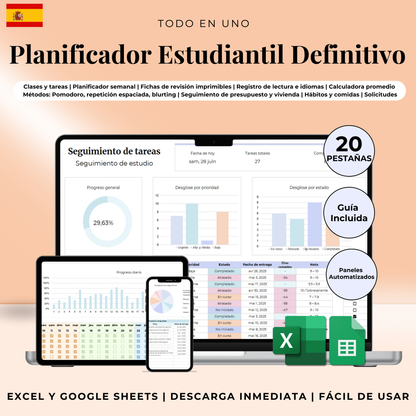 Plantilla Estudiantil en Español Excel Google Sheets Planificador Tareas Universidad Escuela Cursos Estudios Organización Estudiante Planner