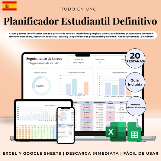 Plantilla Estudiantil en Español Excel Google Sheets Planificador Tareas Universidad Escuela Cursos Estudios Organización Estudiante Planner