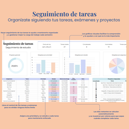 Plantilla Estudiantil en Español Excel Google Sheets Planificador Tareas Universidad Escuela Cursos Estudios Organización Estudiante Planner